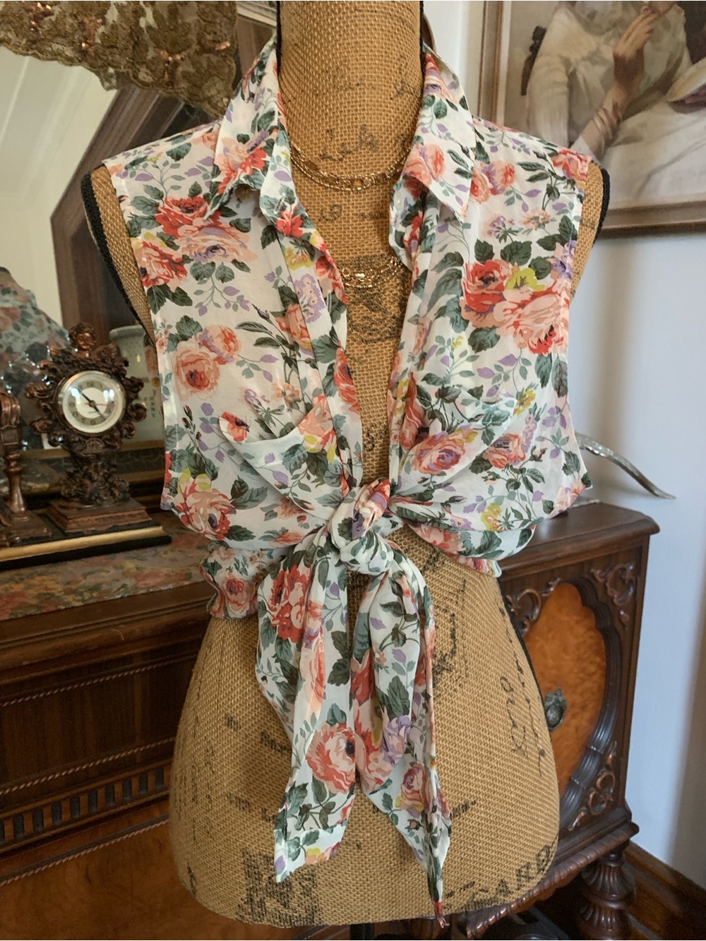 Vintage Versatile Romantic Floral Chiffon Boho Hippie Tank Top Blouse Shirt
